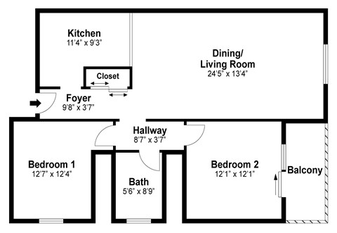 Floor plan for 2 beds, 1 bath, 816 sqft